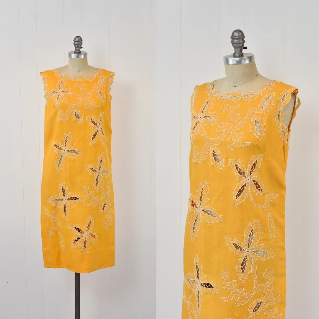 1960s Orange Lattice Floral Embroidery Linen Mod Shift Dress - Etsy | Etsy (US)