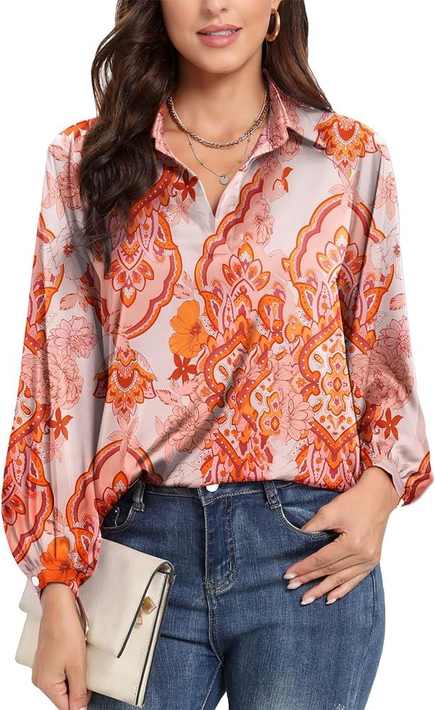 Sucolan Women's Boho Abstract Floral Print Tops Classic V Neck Lantern Long Sleeve Shirts Busines... | Amazon (US)