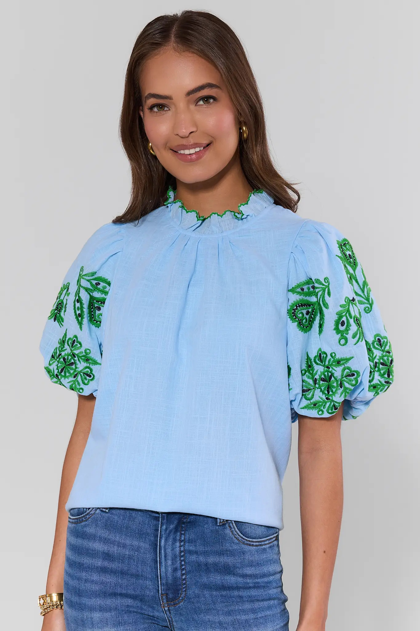 Blue Embroidered Sleeve Top | Avara