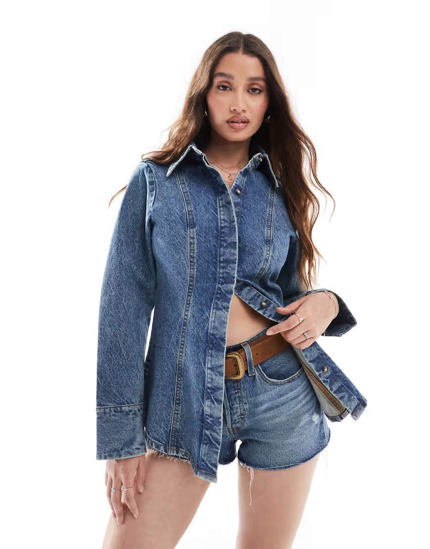 ASOS DESIGN denim cinched shirt in vintage wash-Blue | ASOS (Global)