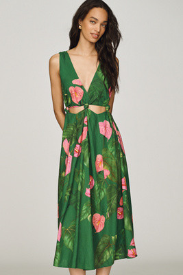 Farm Rio x Anthropologie Linen Blend V-Neck Cutout Midi Dress | Anthropologie (US)