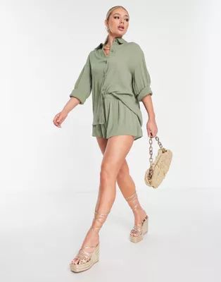 ASOS DESIGN crinkle beach shirt in khaki (part of a set) | ASOS (Global)