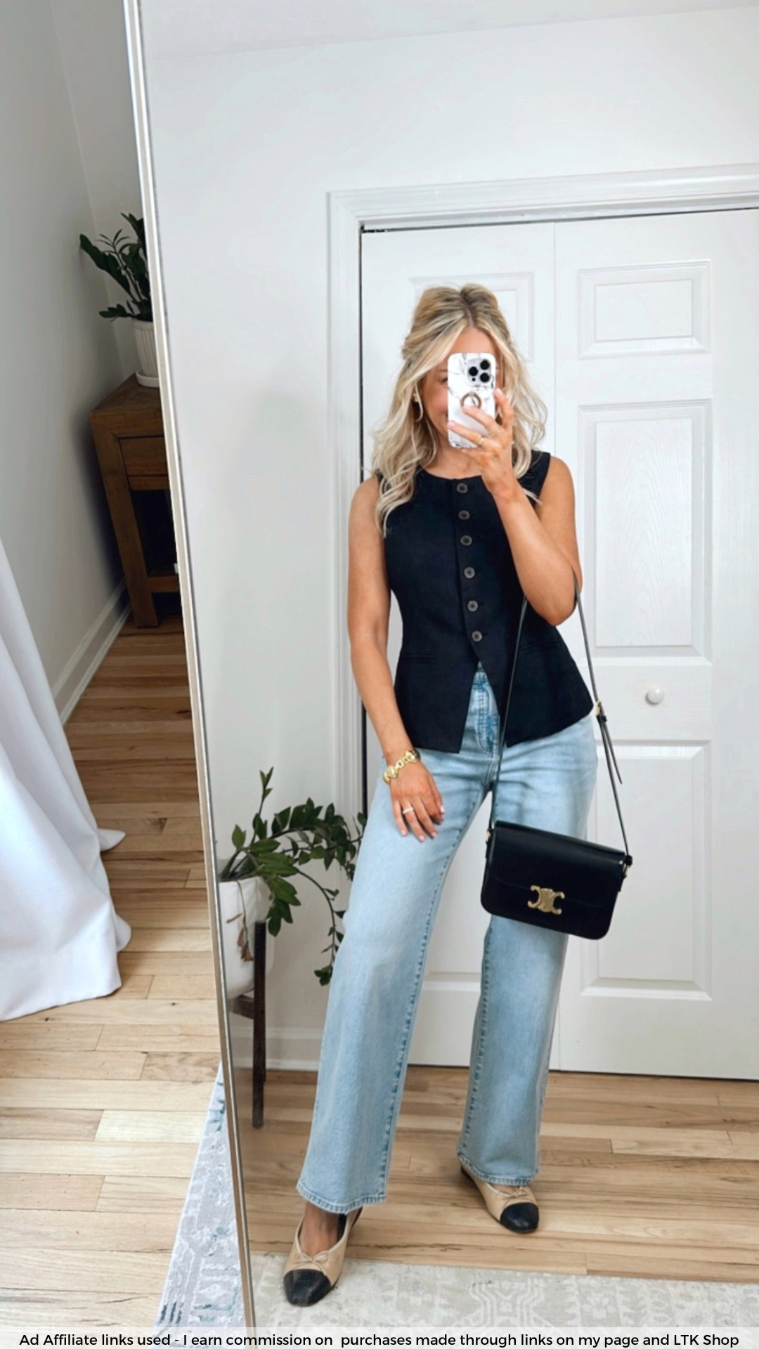 Classy casual spring outfit with jeans
J.Crew black linen vest
J.Crew jeans 
