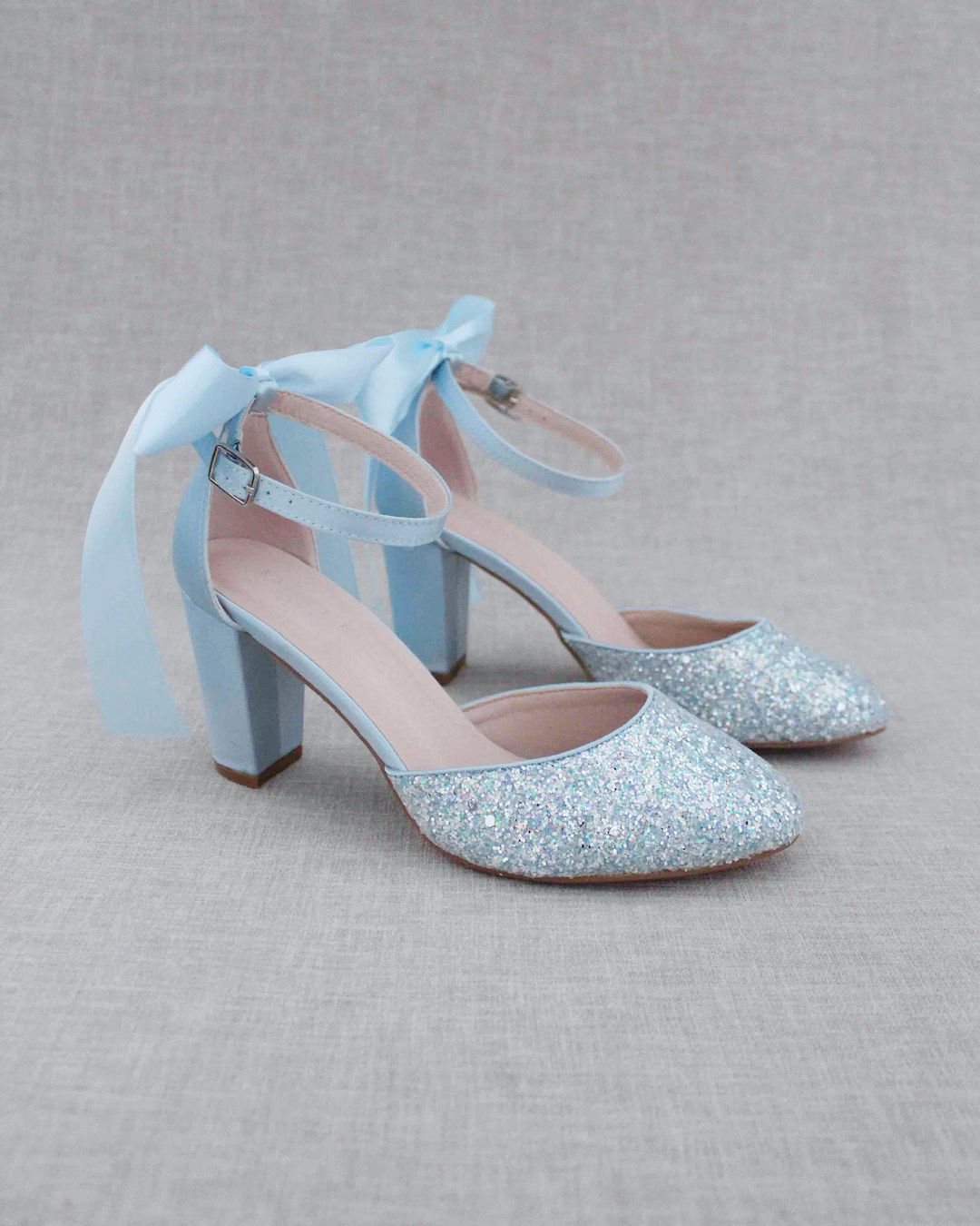Light Blue Rock Glitter Block Heel With SATIN BACK BOW, Women Wedding Shoes, Bridesmaids Shoes, B... | Etsy (US)