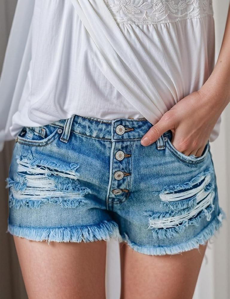 Women's Denim Jean Shorts Mid-High Waiste Ripped Cutoff Stretchy Summer Shorts Casual Hot Pants a... | Amazon (US)