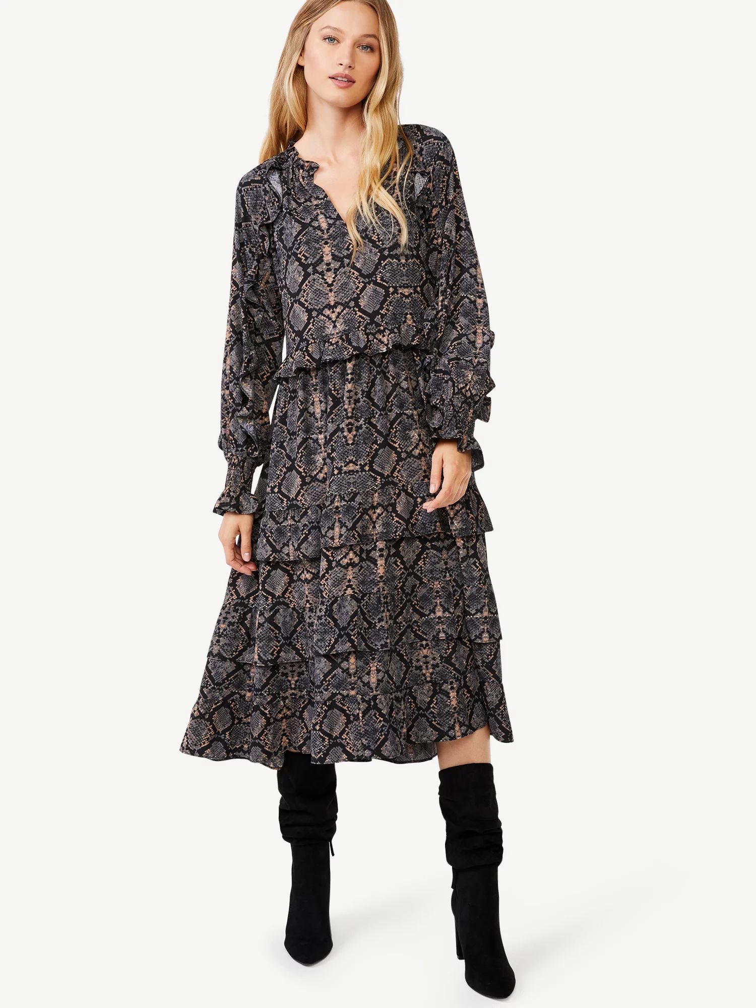Scoop Women's Tiered Midi Dress with Long Sleeves - Walmart.com | Walmart (US)
