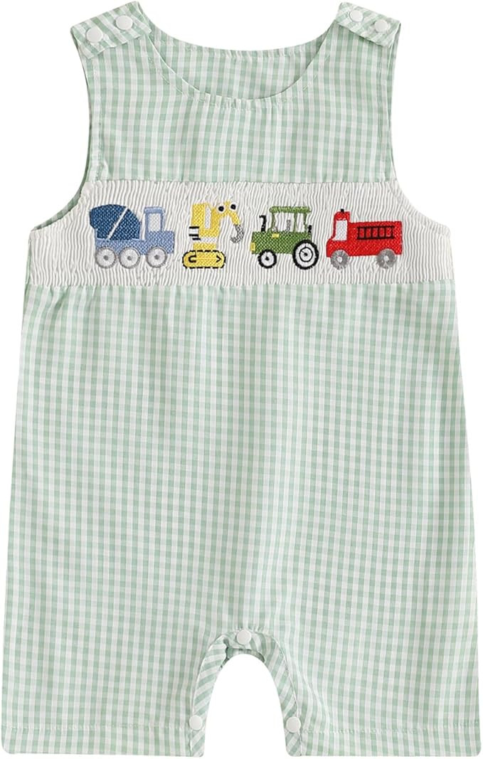 Baby Boy Summer Clothes Sleeveless Embroidery Dinosaur Striped Retro Romper Jumpsuit Smocked Shor... | Amazon (US)