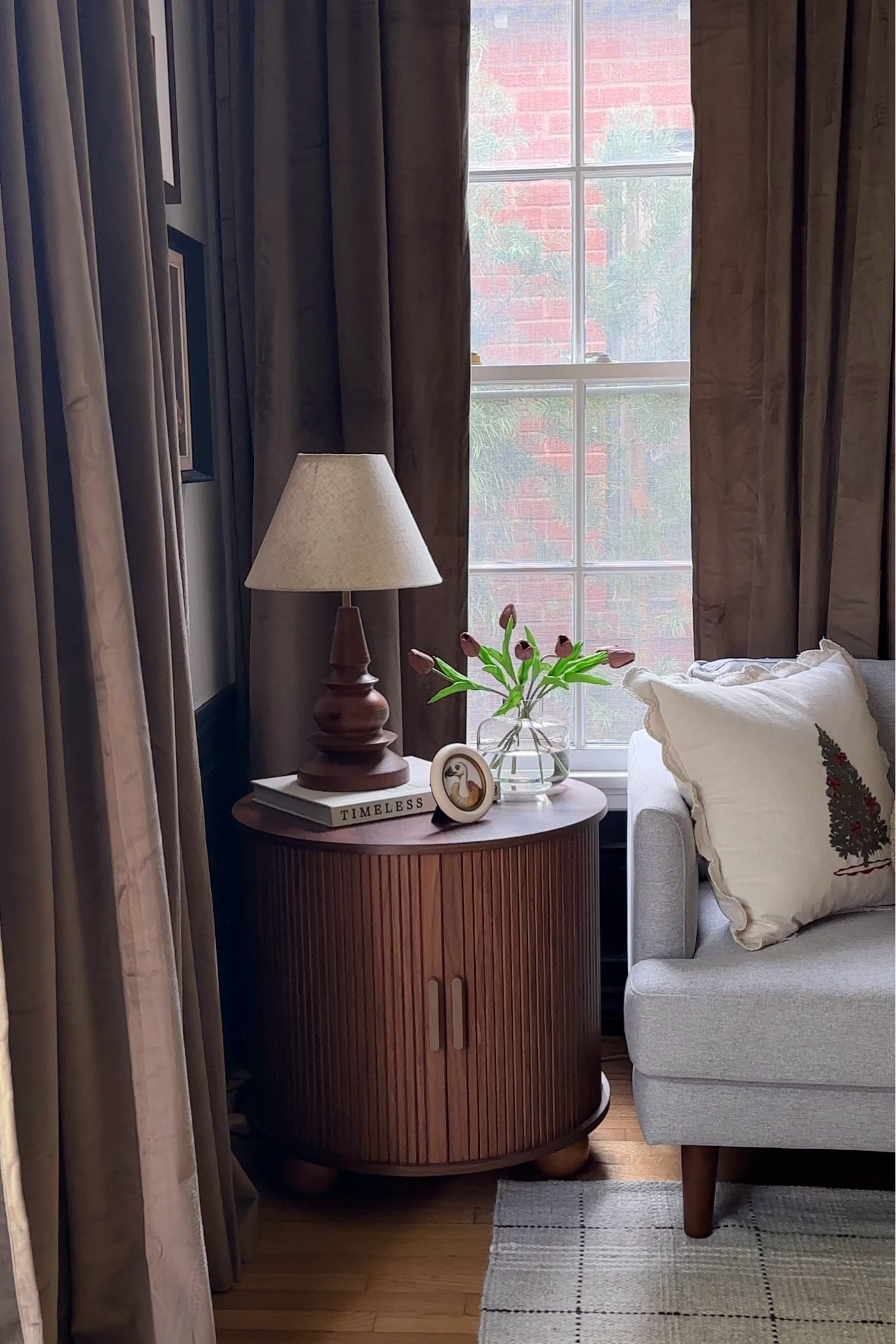 Side table, lamp, curtains, vase, tulips, florals, sofa, pillow, book

#LTKHome