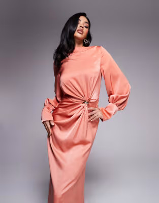 ASOS DESIGN twist front bias satin maxi dress with gold hardware in light copper | ASOS (Global)