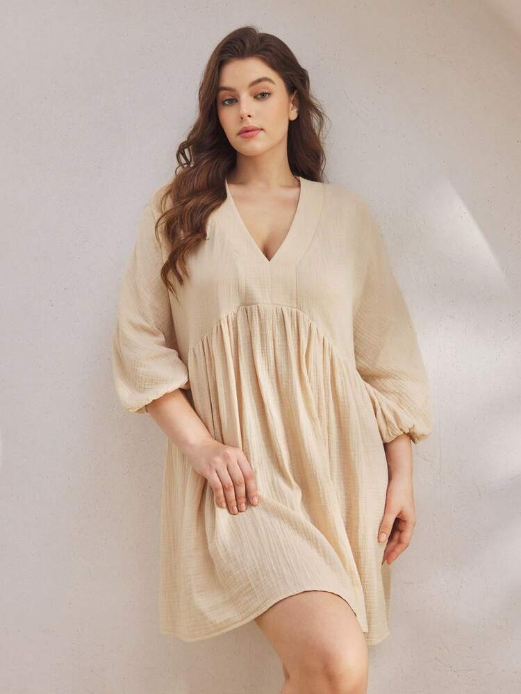 Ocili Plus Size Women Cotton V-Neck Short Casual Nightgown, Fall | SHEIN