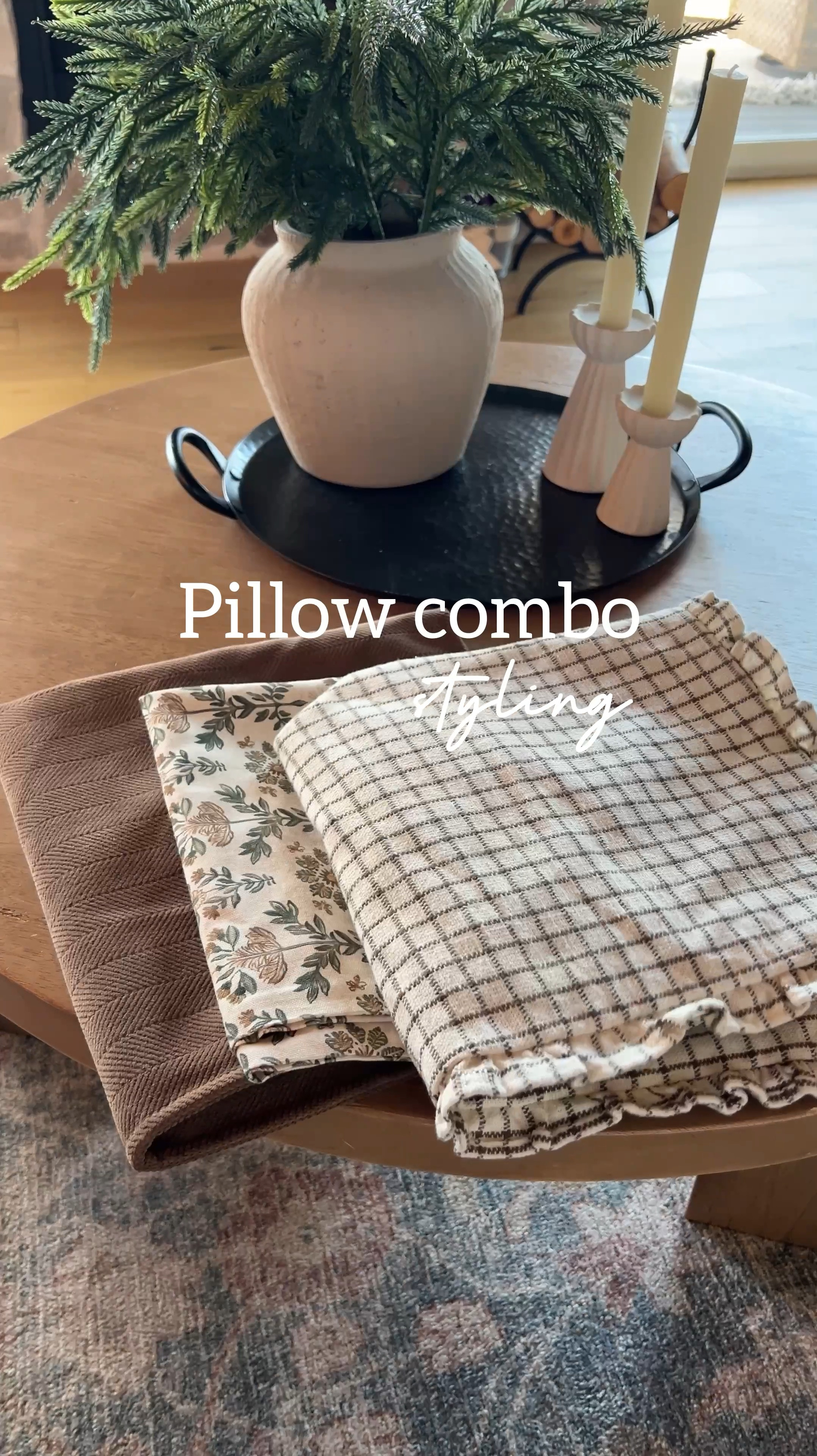 Throw pillow styling! 

Sizes: 
Floral pattern 22”
Large brown: 24”
Grid pattern: 22"

#LTKSeasonal #LTKWatchNow #LTKHome