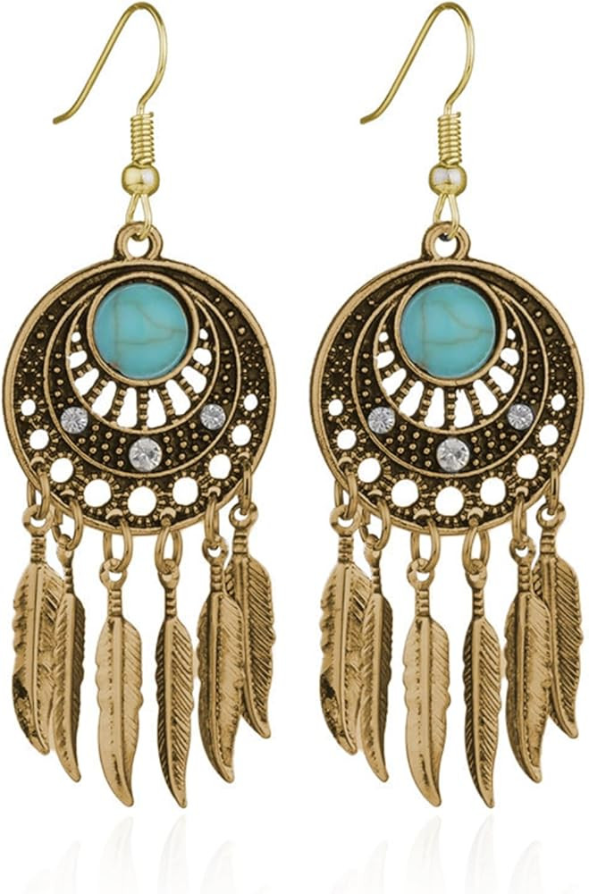 Boho Turquoise Drop Earrings Retro Long Copper Feather Tasse Metal Leaf Dangle Earrings Vintage C... | Amazon (US)