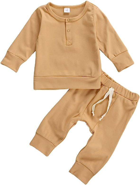 Baby Unisex Pajamas Infant Baby Boy Girl Outfit Solid Long Sleeve Sweatshirt Top with Pants Set F... | Amazon (US)