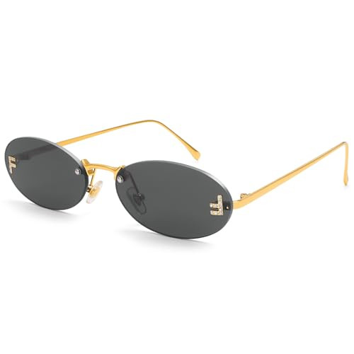 Dollger Trendy Rimless Oval Sunglasses Women Men Retro Y2K Small Diamond Frame 90s Metal Designer Fashion Rave Glasses Black Shades | Amazon (US)