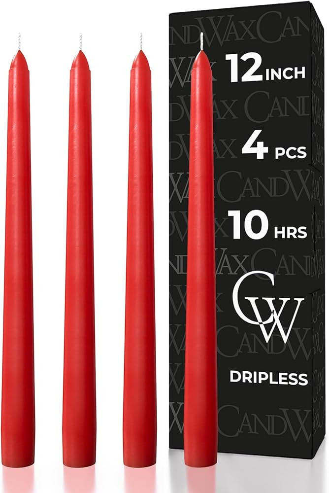 CANDWAX 12 inch Red Taper Candles Set of 4 - Dripless and Long Burning Red Candlesticks - Perfect... | Amazon (US)