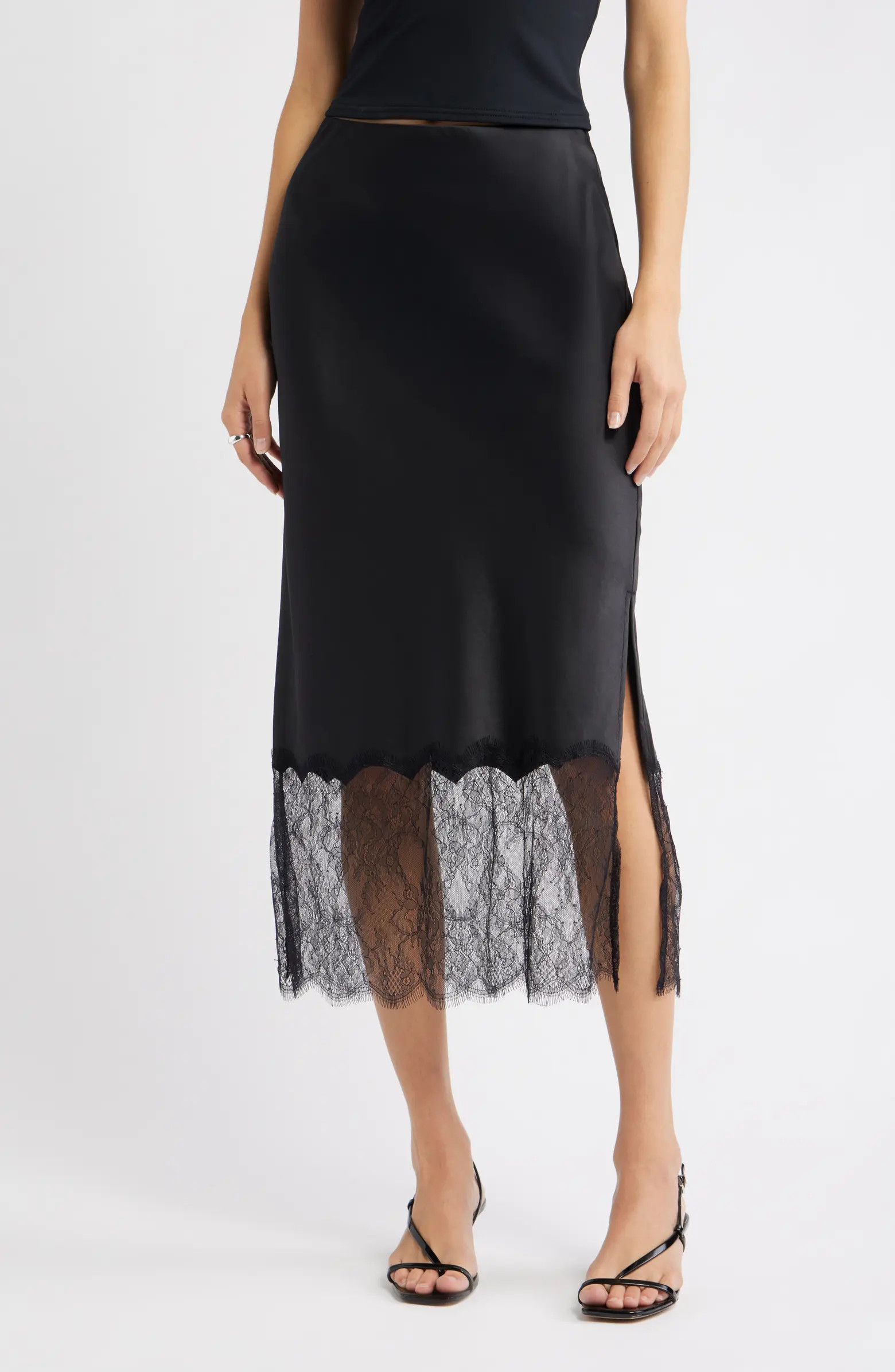 Lace Trim Satin Midi Skirt | Nordstrom