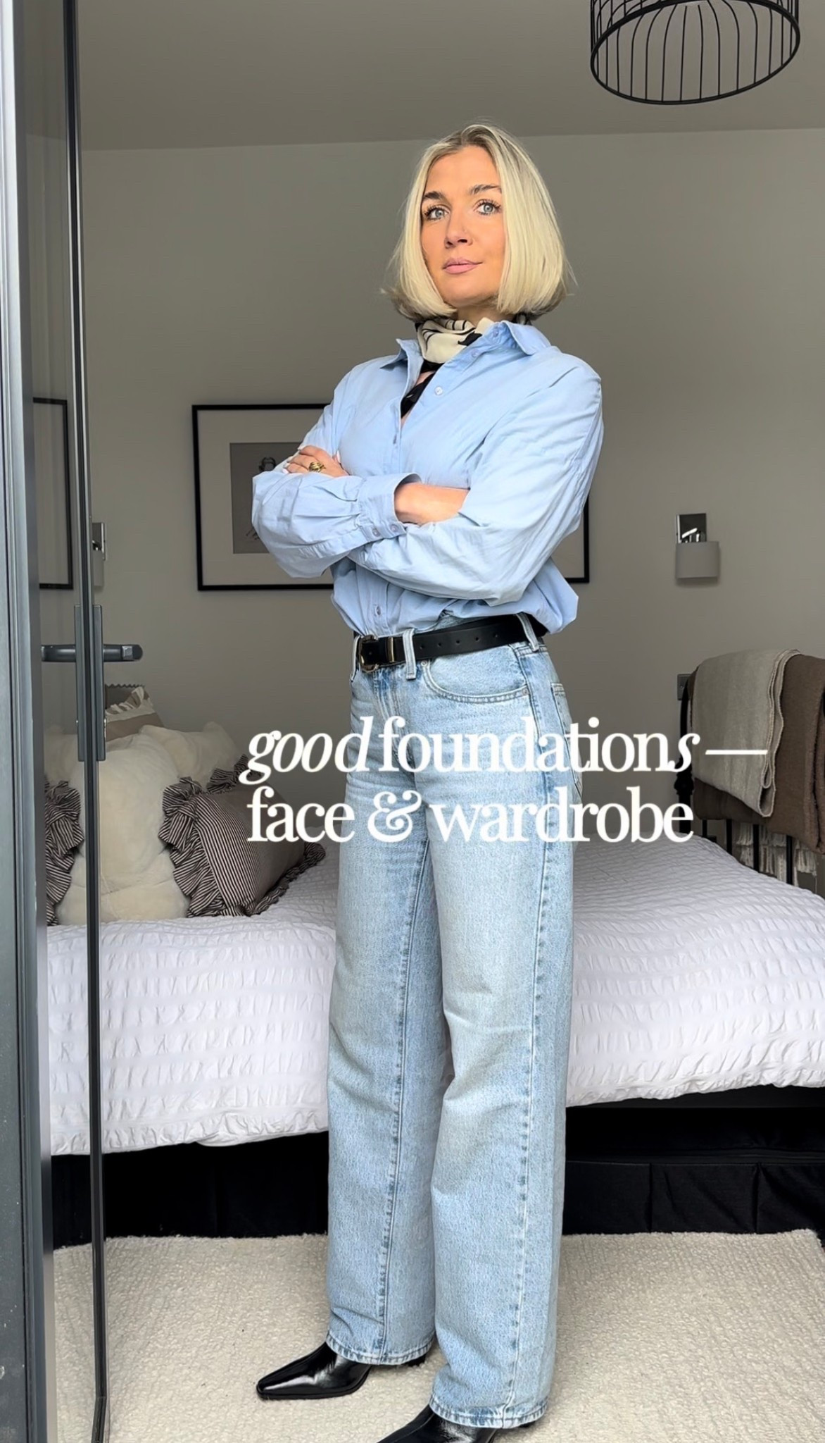 Levi’s straight leg jeans 
Blue shirt 
Spring workwear outfits 
Satin neckerchief 
Black high knee boots 
Benefit bronzer
Estée Lauder foundation 
Gucci mascara 

#LTKspring #LTKbeauty #LTKstyletip