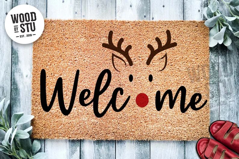 Welcome Cute Red Reindeer Nose Christmas Doormat Christmas - Etsy | Etsy (US)