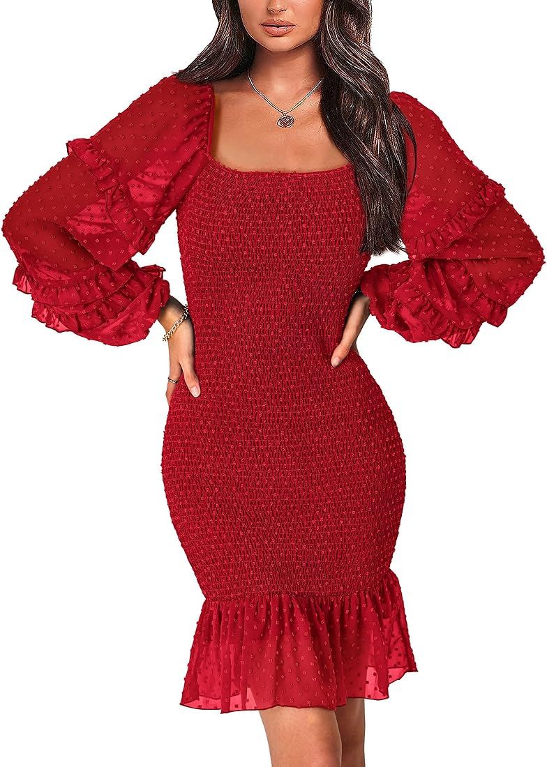 PRETTYGARDEN Womens 2023 Fall Smocked Bodycon Mini Dress Long Sleeve Square Neck Swiss Dot Ruffle... | Amazon (US)
