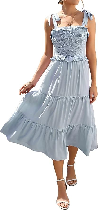 KOJOOIN Women's Summer Square Neck Tie Straps Sleeveless Dress Smocked Ruffle Tiered Flowy Backle... | Amazon (US)