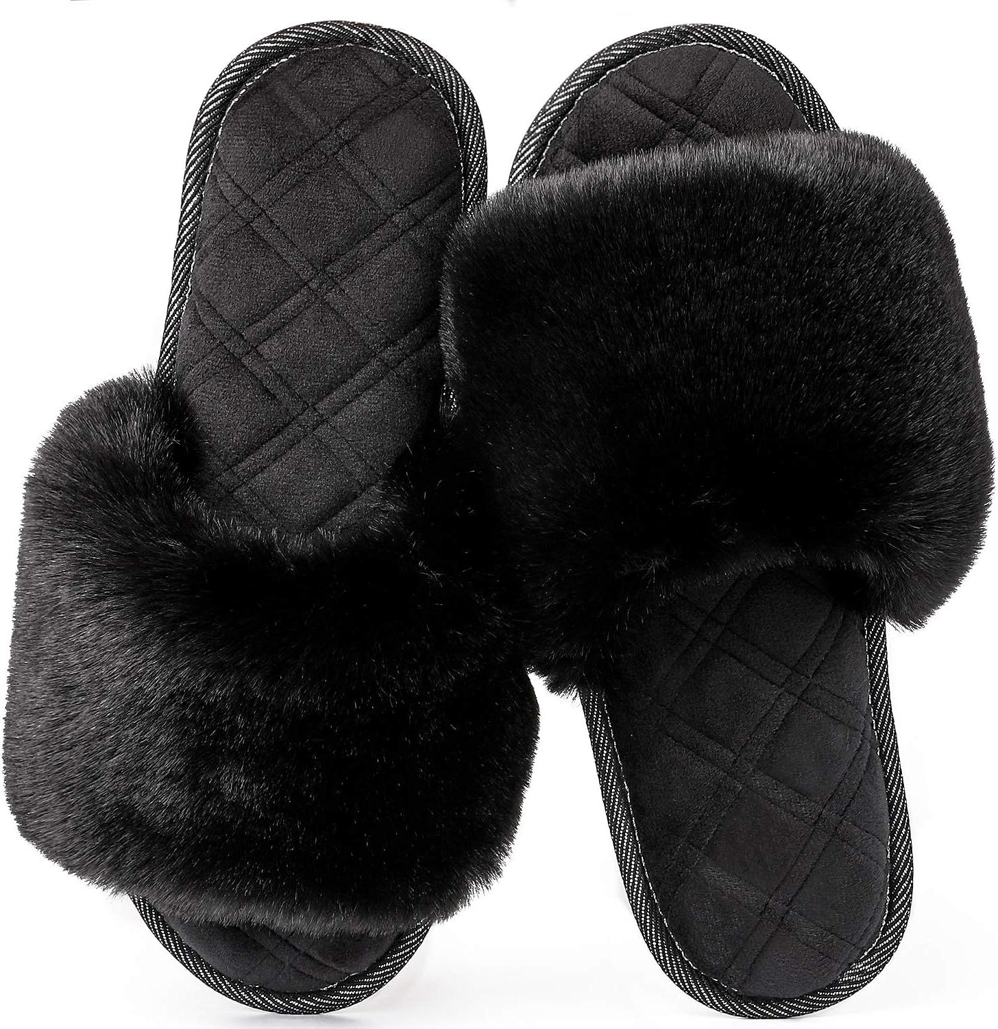 LongBay Women's Fuzzy Faux Fur Memroy Foam Flat Spa Slide Slippers Open Toe House Shoes Sandals | Amazon (US)