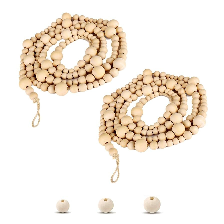 2PCS 6.9ft Wood Bead Garland - Boho Shelf Decor, Rustic Farmhouse Decorative Beads for Home Entry... | Amazon (US)