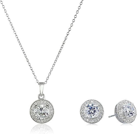 Amazon Collection Sterling Silver Cubic Zirconia Halo Pendant Necklace and Stud Earrings Jewelry ... | Amazon (US)