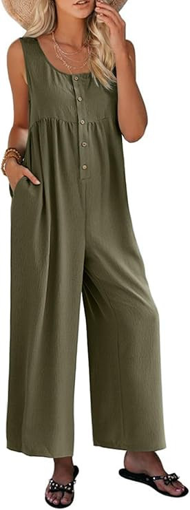 Glamaker Women's Casual Summer Sleeveless Jumpsuits Button Up Wide Leg Pant Romper Baggy Overalls... | Amazon (US)