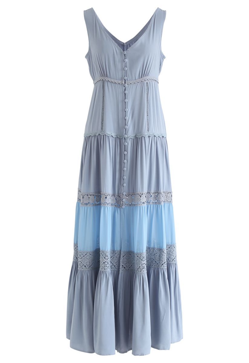 Crochet Trims Panelled Button Down Sleeveless Maxi Dress in Dusty Blue | Chicwish