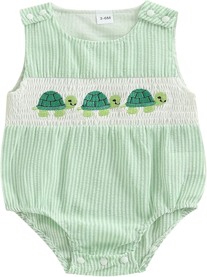 Newborn Boy Turtle Romper Sleeveless Seersucker Stripe Overalls Gingham Plaid Octopus Bodysuit Ba... | Amazon (US)