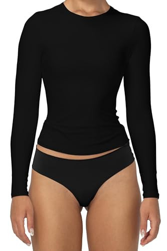 Sunzel Black Long Sleeve T Shirts for Women with Crew Neck, Double Lined Tops Slim Fit Basic Tee, Casual Undershirt Outfits, Black, Medium | Amazon (US)