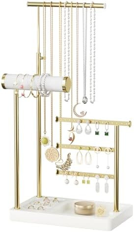 SZQINJI 5 Tier Jewelry Holder Organizer, Gold Jewelry Stand with Velvet Bracelet Holder, Adjustab... | Amazon (US)