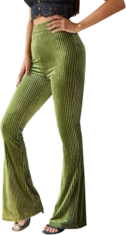 Floerns Women's Velvet Elastic Waist Flare Leg Palazzo Long Pants Trousers | Amazon (US)