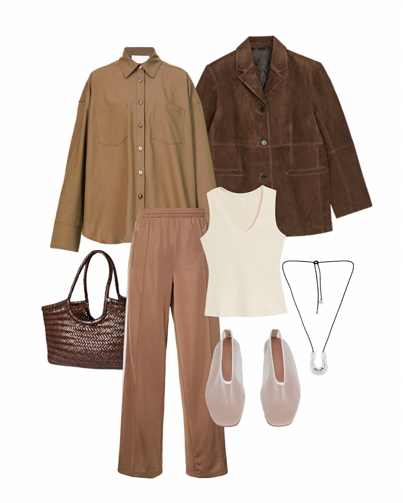 Brown suede blazer - Arket suede jacket - mesh ballet flats - firebird adidas tracksuit bottoms - brown outfit - woven leather bag - brown shirt - Arket tank top - wardrobe basics - capsule wardrobe - 

#LTKuk #LTKshoes #LTKspring