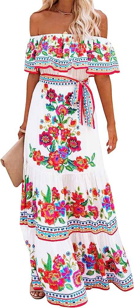 ACOSAP Women's Mexican Dress Summer Floral Print Off The Shoulder Sleeveless Beach Long Maxi Dres... | Amazon (US)