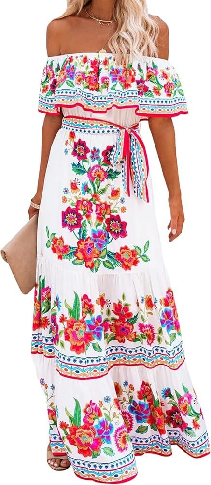 ACOSAP Women's Mexican Dress Summer Floral Print Off The Shoulder Sleeveless Beach Long Maxi Dres... | Amazon (US)