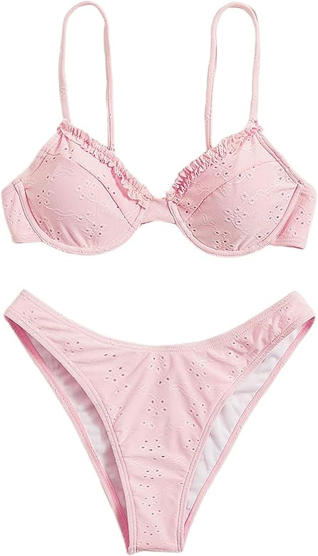 SOLY HUX Women's Bikini Set Eyelet Embroidered Underwire Frill Trim High Cut Bathing Suit 2 Piece... | Amazon (US)