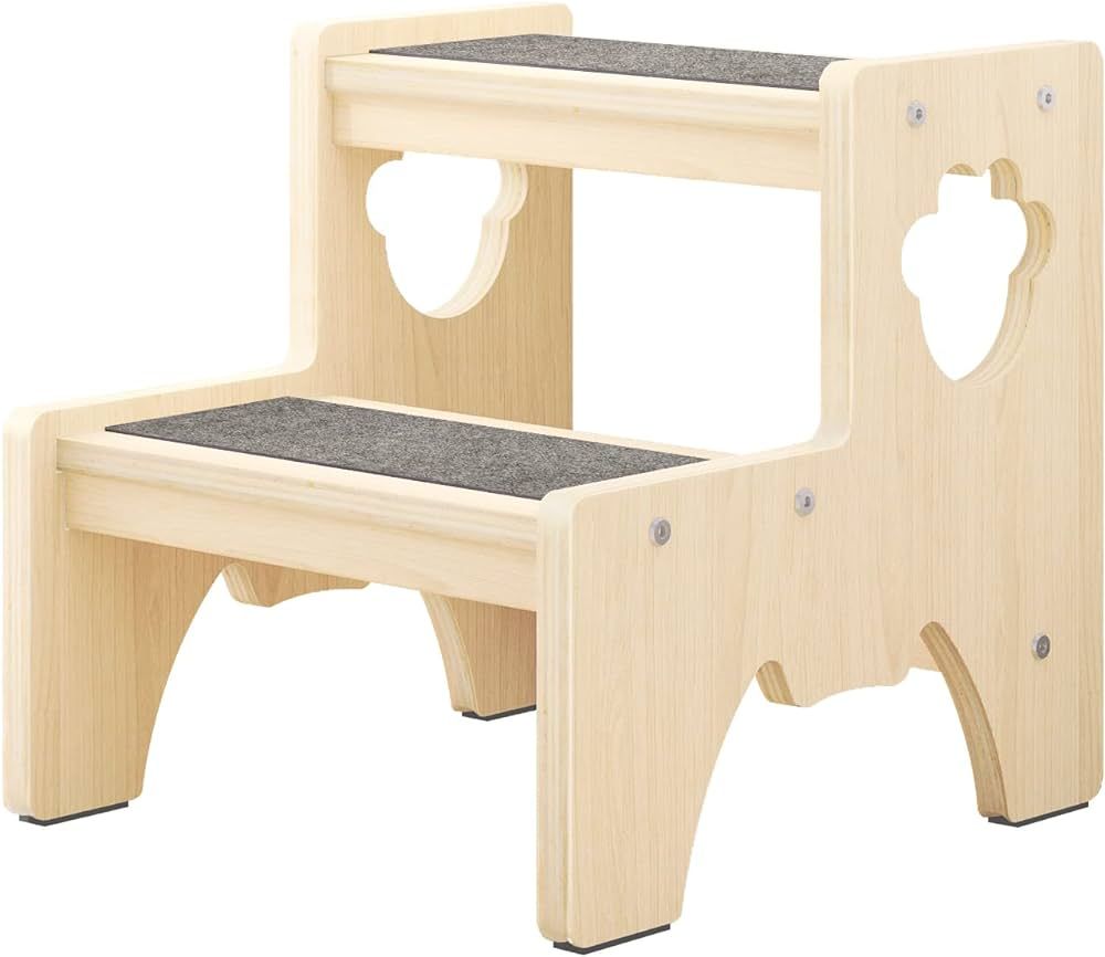 Wooden Toddler Step Stool for Kids, Bowdanie Two Step Stool Adults with 4 Non-Slip Pads and 2 Car... | Amazon (US)