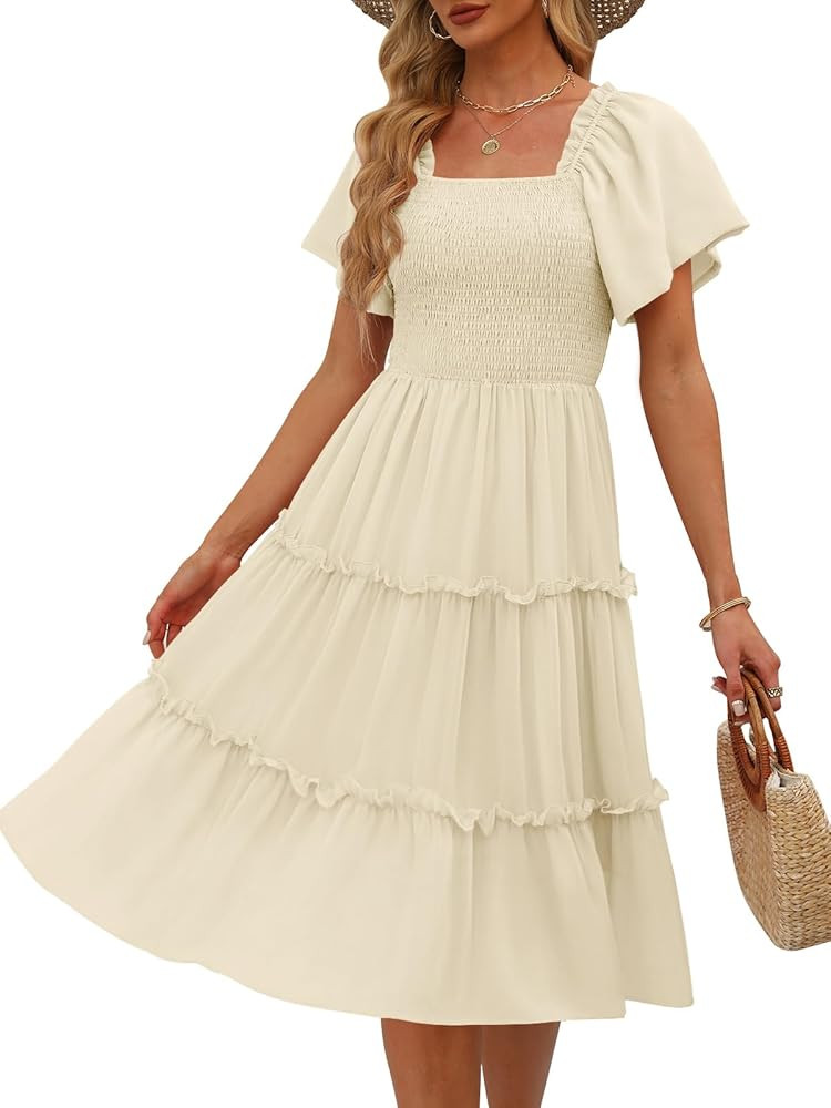 LILLUSORY Women's Summer Casual Flutter Sleeve Square Neck Smocked Midi Dress | Amazon (US)