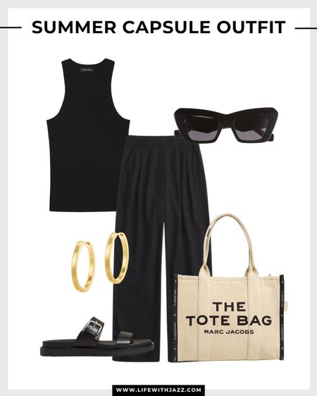 Monochrome summer capsule outfit 🖤

Summer style / smart casual / minimal / chic / relaxed / black tank / black relaxed pants / chunky sandals / canvas tote / sunglasses / gold earring hoops / Madewell / Jcrew / Loewe 

#LTKStyleTip #LTKSeasonal