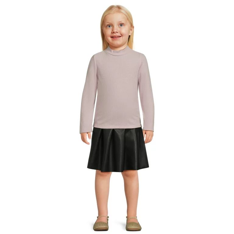 Wonder Nation Baby and Toddler Girls Ribbed Mock Neck and Faux Leather Skirt Set, 2-Piece, Sizes ... | Walmart (US)