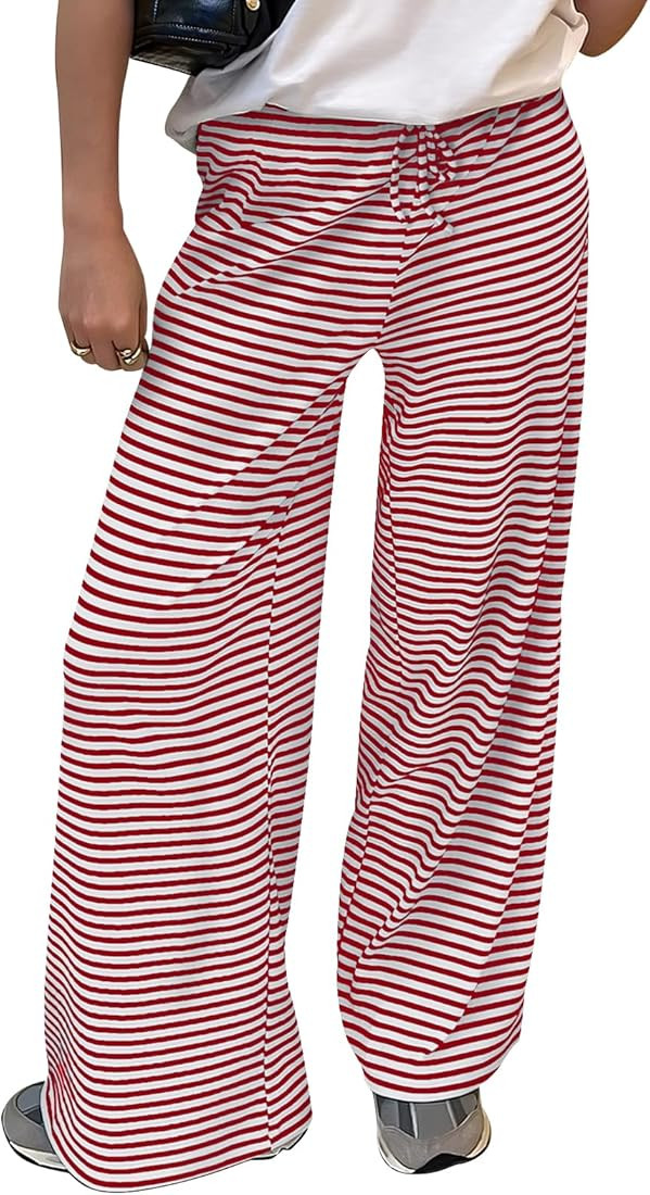 Trendy Queen Womens Striped Ribbed Wide Leg Pants Casual Drawstring Elastic Waist Baggy Sweatpant... | Amazon (US)