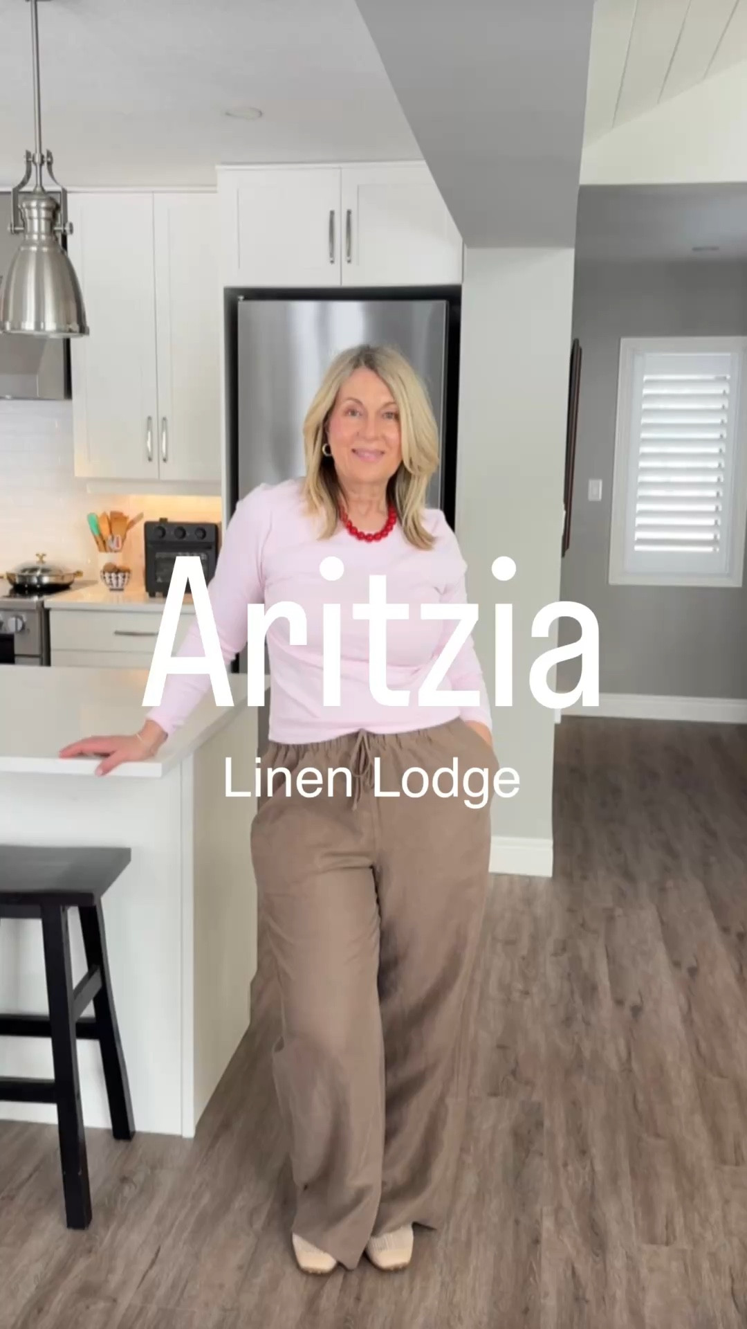 I bought the Aritzia Lodge in Linen and I couldn’t be happier. I know thst I’m going to get a ton of wear out of them. I also bought this pink long sleeve T-shirt. The quality is beautiful. It has a really nice stretch. That just feels really comfortable when you’re wearing it.  
￼ I’m wearing an extra large in the pants, but I could get away with a large. 
I’m wearing a large in the top  
My shoes are from VIVAIA  

#LTKmidsize #LTKover50style