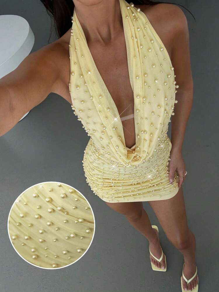 Women's New Arrival Mini Dress, Solid Light Yellow/Cream Color, Embellished Party Dress, Glamorou... | SHEIN
