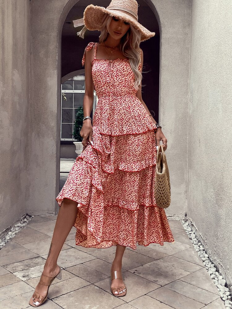 Ditsy Floral Tie Shoulder Ruffle Hem Cami Dress | SHEIN