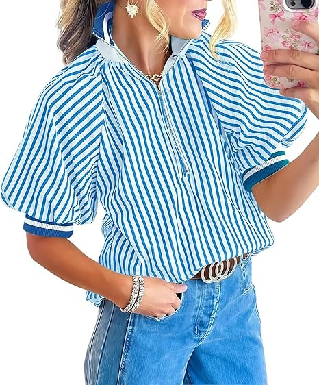 Womens Striped Half Zip Shirts Short Puff Sleeve Loose Color Block Knit Collared Blouse | Amazon (US)