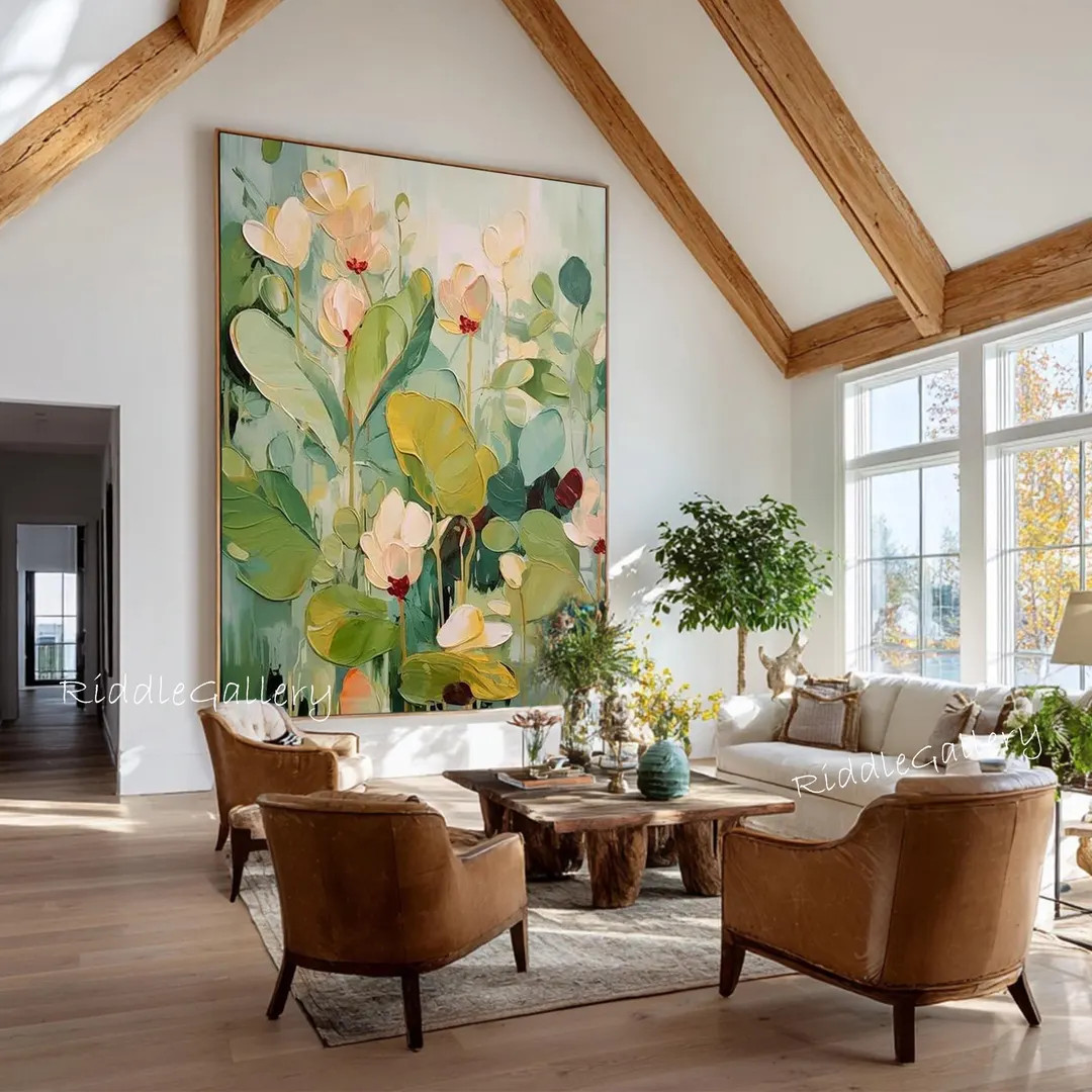 Large Textured Flower Painting Canvas Wall Art Green Teal Garden Artwork Colorful Floral Oil Pain... | Etsy (US)