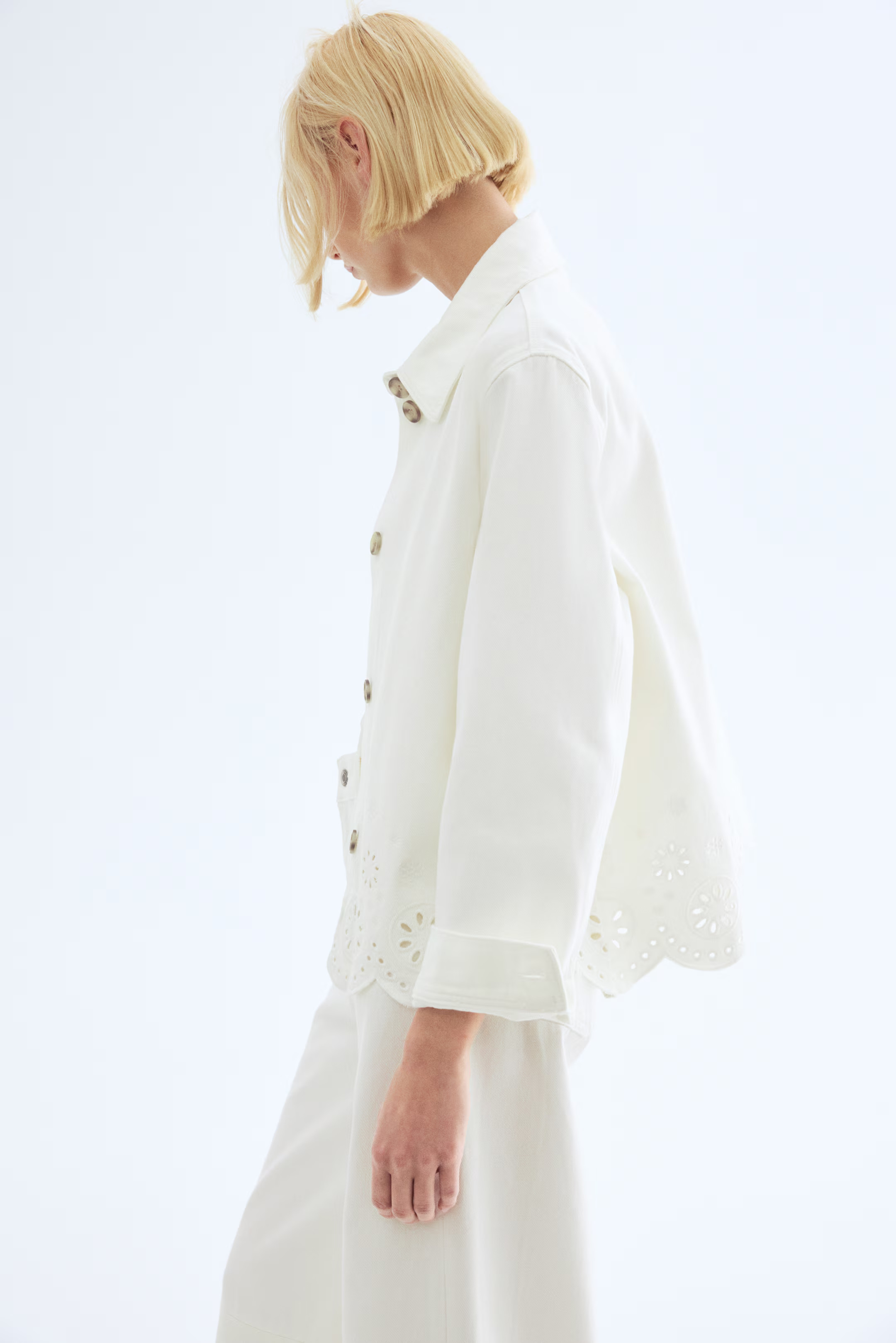Denim Jacket with Eyelet Embroidery - White - Ladies | H&M US | H&M (US + CA)