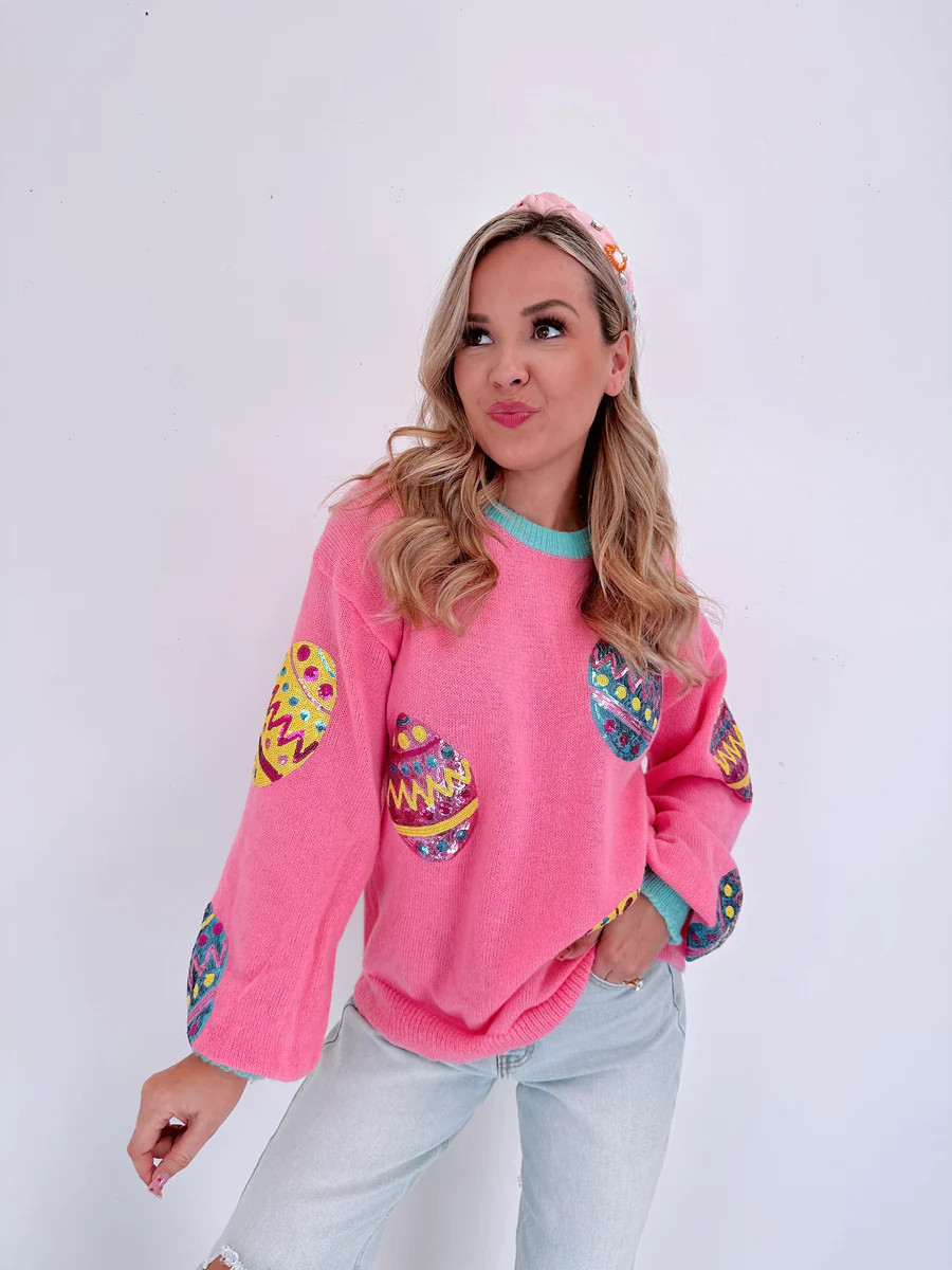 Shimmering Egg Sequin Patch Sweater - Pink/Mint | Whiskey Darling Boutique