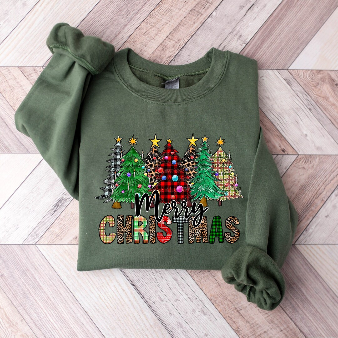 Merry Christmas Trees Sweatshirt Cute Christmas Sweatshirt - Etsy | Etsy (US)